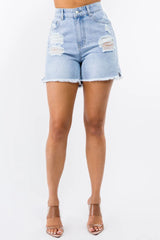 American Bazi High Waist Distressed Raw Hem Denim Shorts - Wellen Fashion