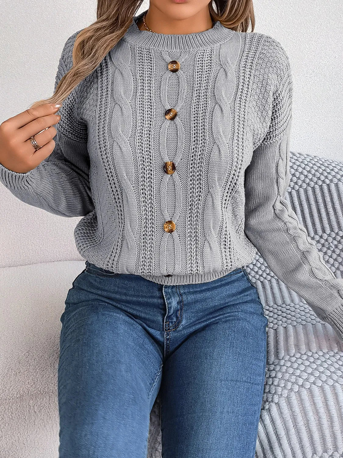 Cable-Knit Buttoned Round Neck Sweater - Wellen Fashion