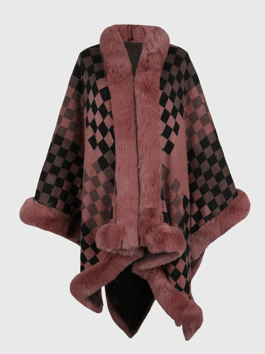 Checkered Faux Fur Trim Poncho - Wellen Fashion