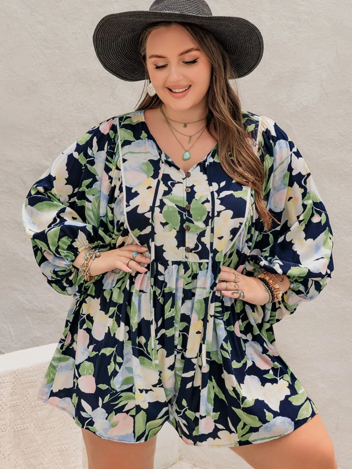 Plus Size Tied Printed Long Sleeve Romper - Wellen Fashion