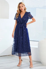 Sequin Leaf Embroidery Tie Front Short Sleeve Dress - Wellen Fashion