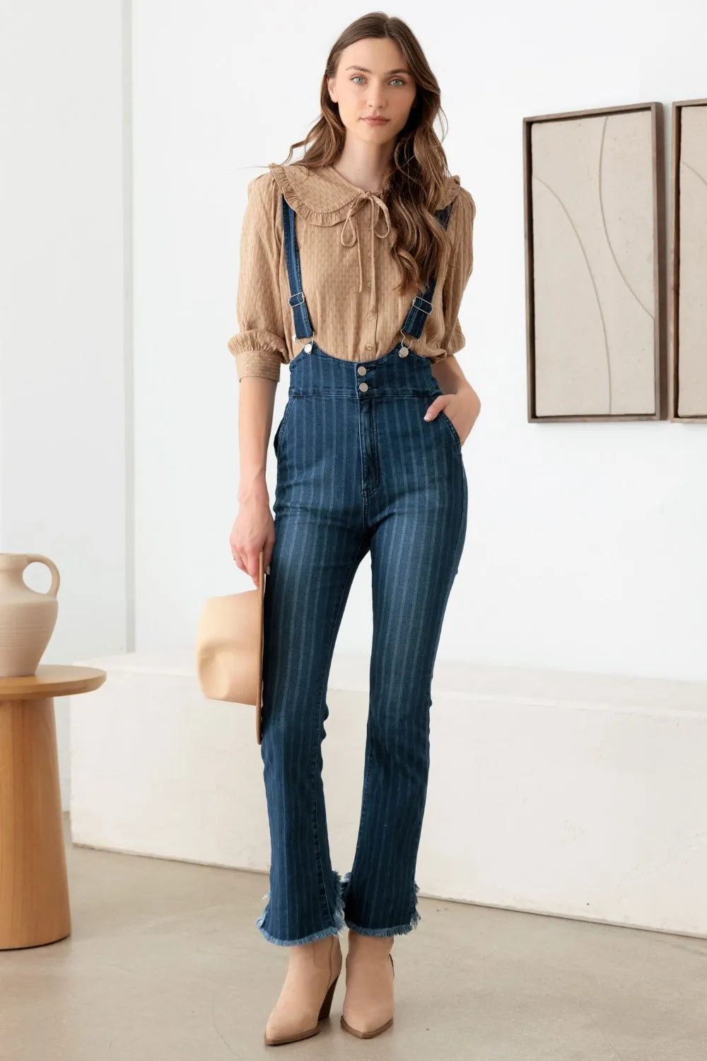 Litz La Striped Stretched Suspender Denim Overalls - Wellen Fashion