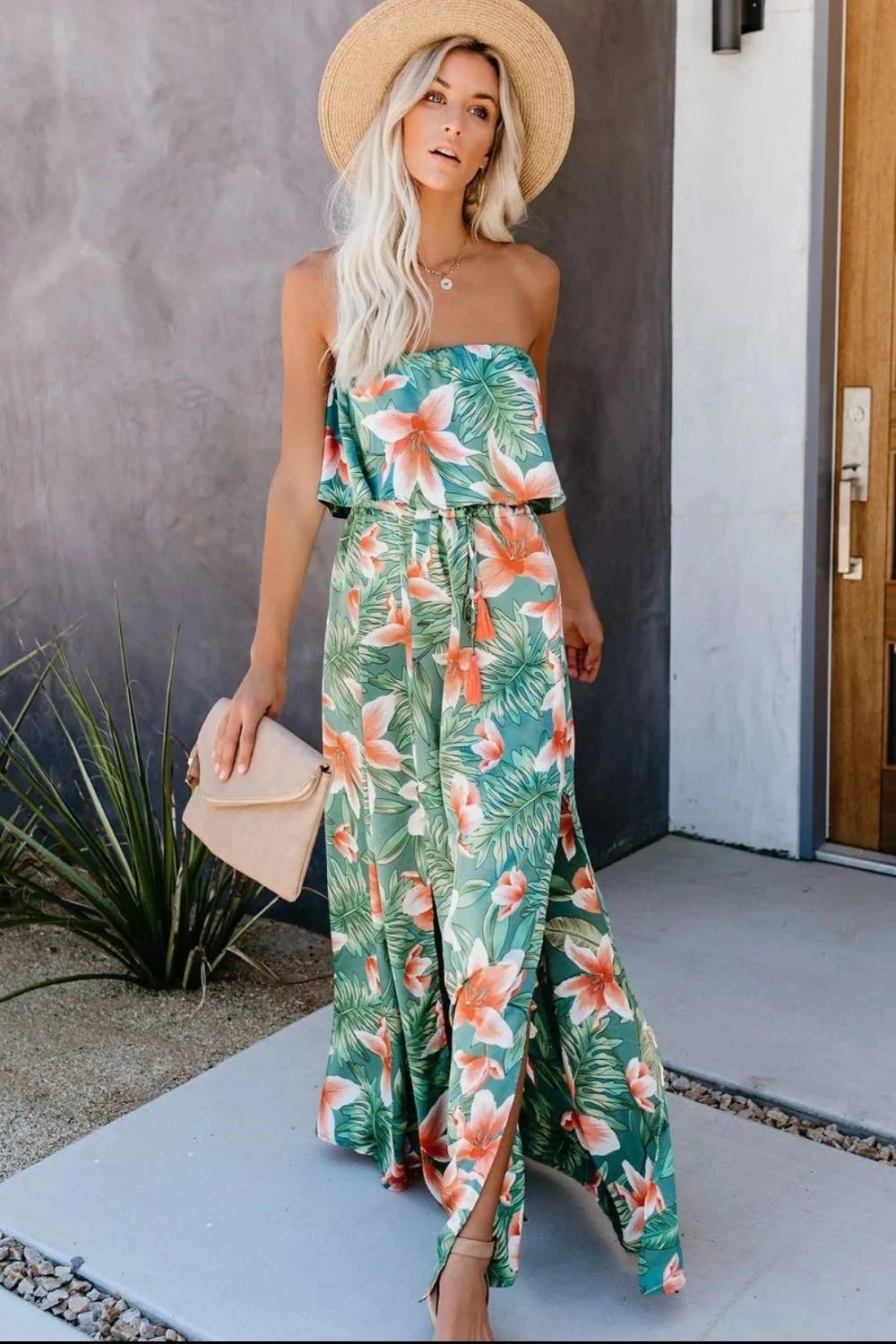 Slit Tropical Sleeveless Tube Dress - Wellen Fashion