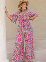 Plus Size Printed Half Sleeve Wide Leg Jumpsuit - Wellen Fashion