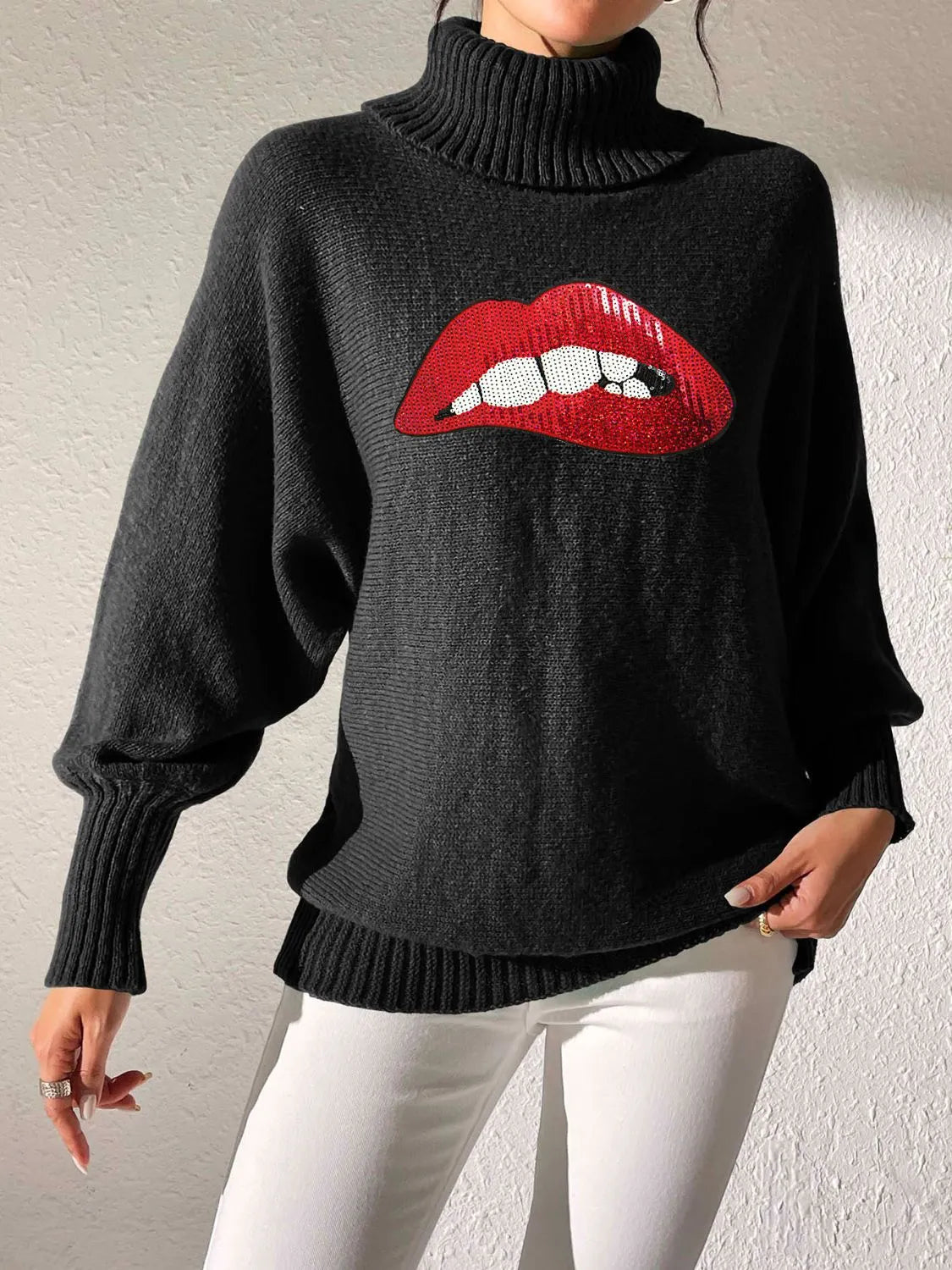 Lip Turtleneck Long Sleeve Sweater - Wellen Fashion