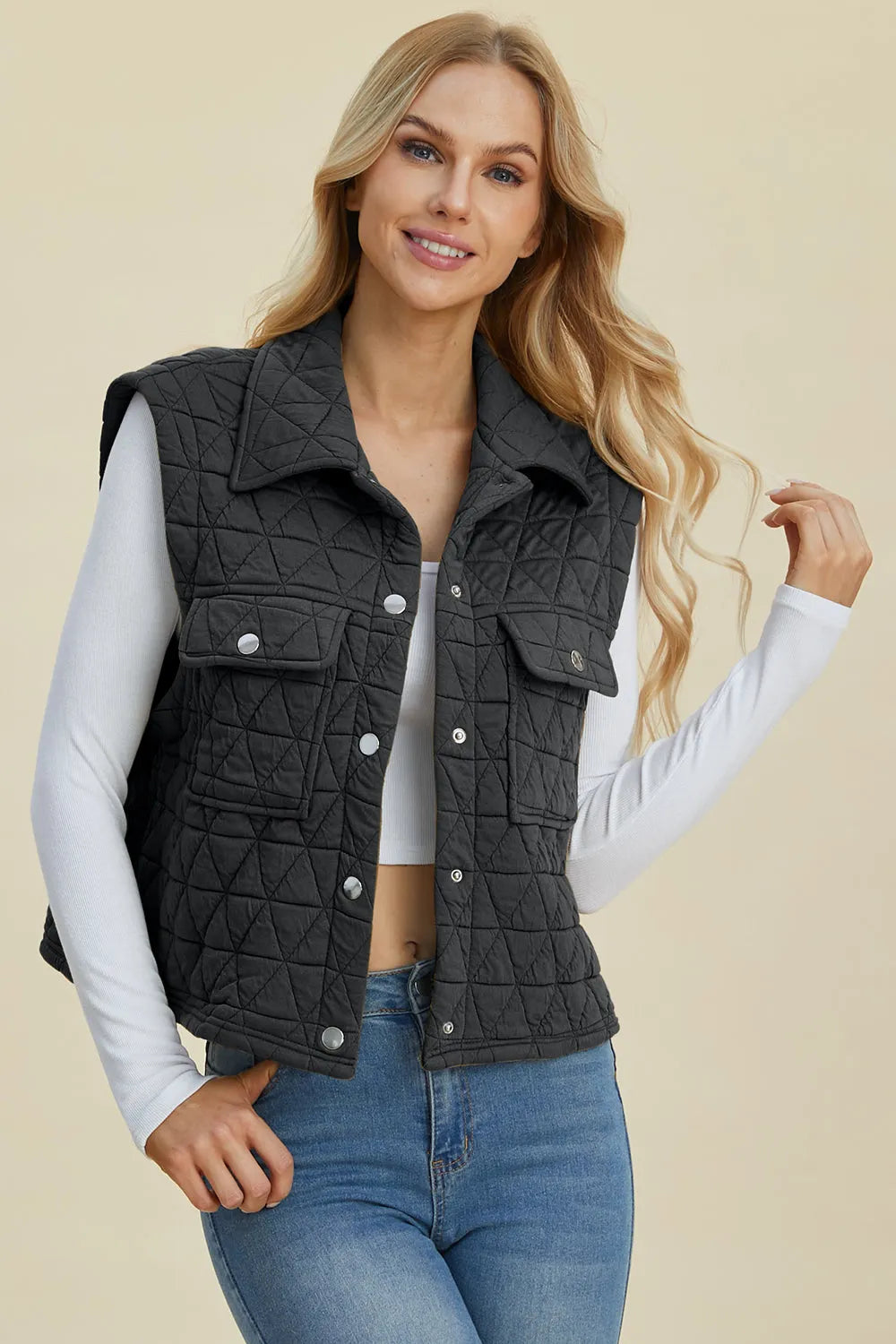 Double Take Full Size Pocketed Texture Snap Down Vest Coat - Wellen Fashion