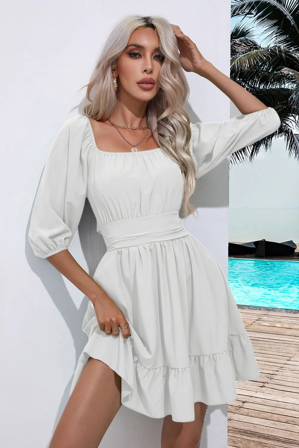 Square Neck Tie Back Ruffle Hem Dress - Wellen Fashion