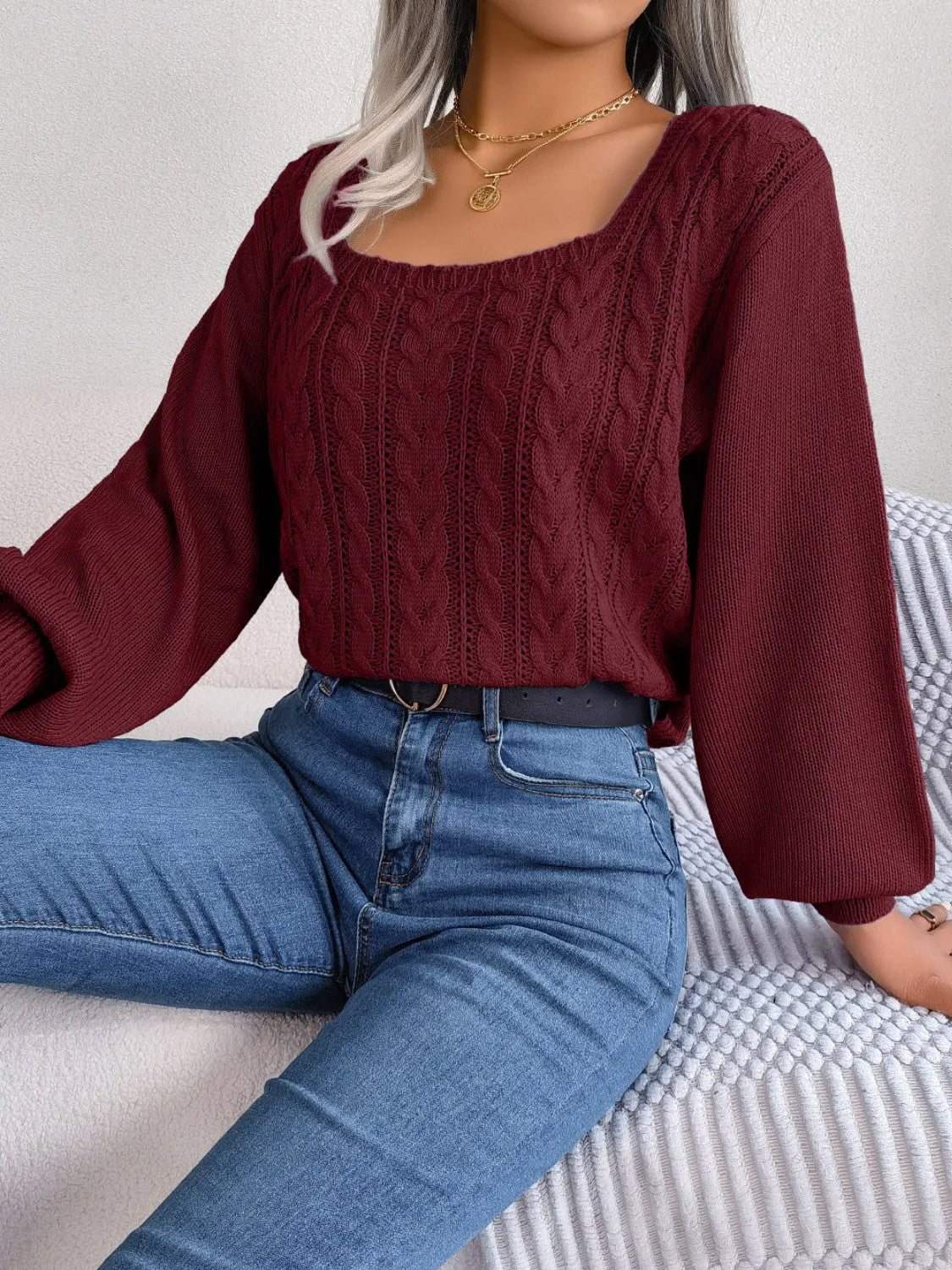 Cable-Knit Square Neck Long Sleeve Sweater - Wellen Fashion