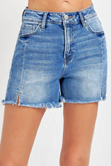 RISEN Front Slit Raw Hem Denim Shorts - Wellen Fashion