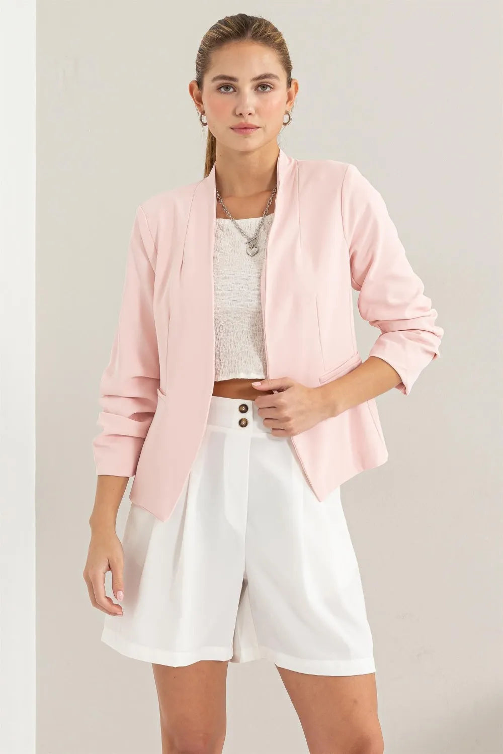 HYFVE Open Front Ruched Sleeve Blazer - Wellen Fashion