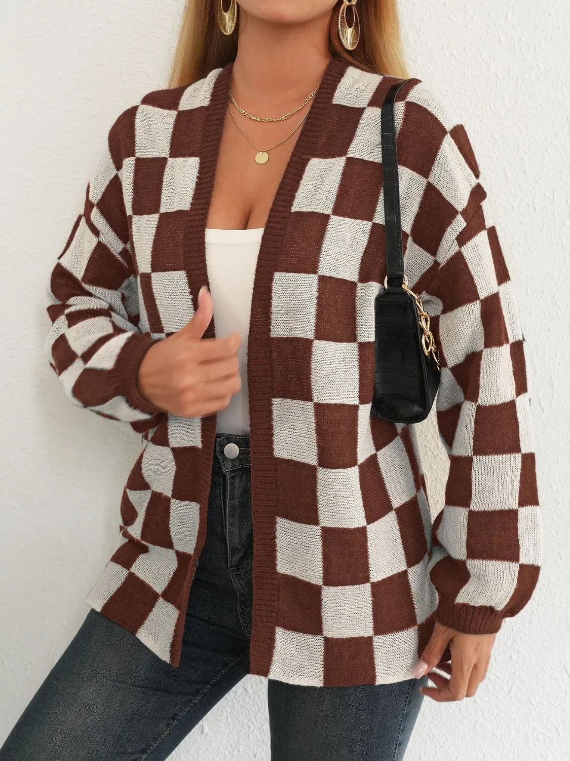 Checkered Open Front Long Sleeve Cardigan - Wellen Fashion