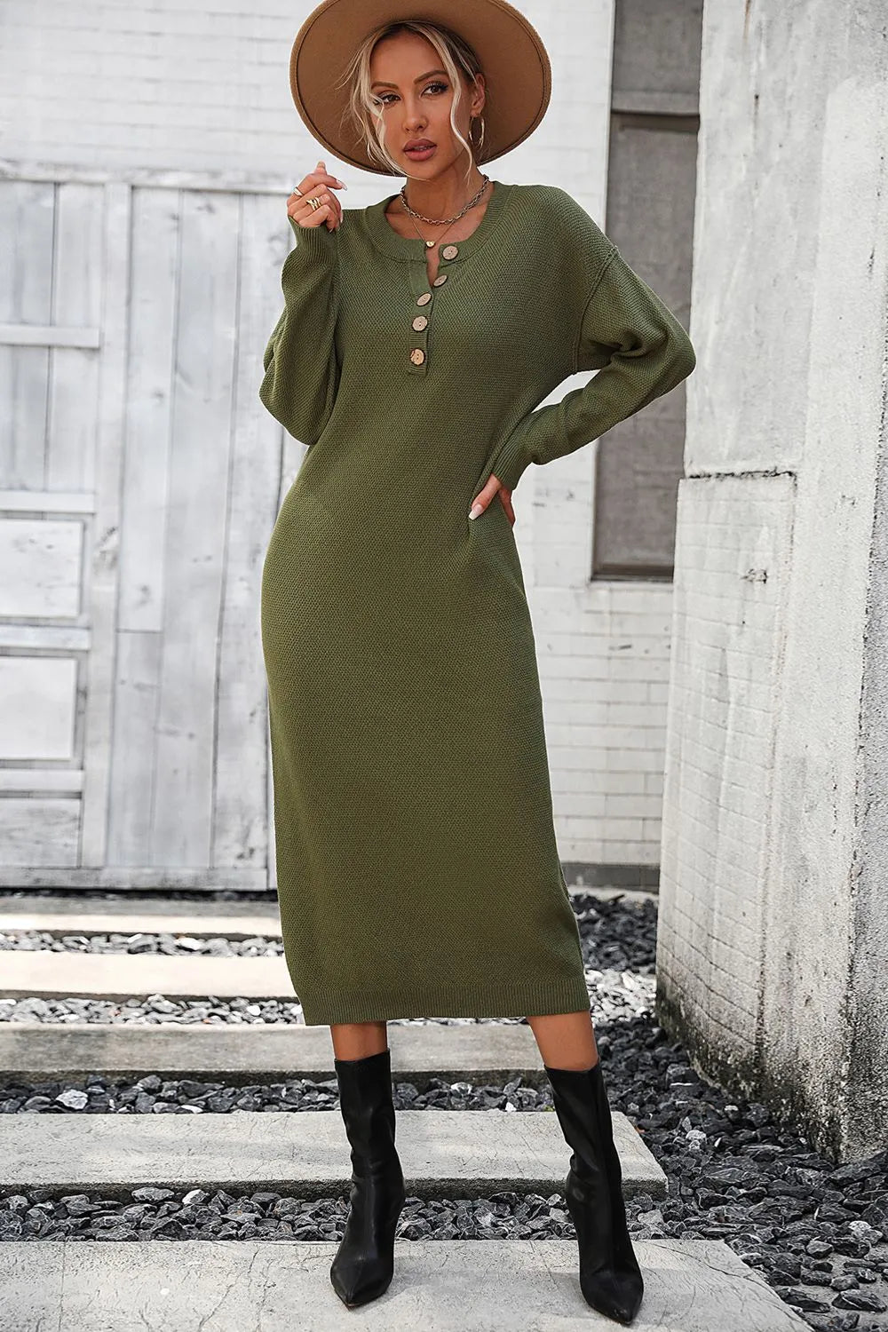 Decorative Button Notched Dropped Shoulder Sweater Dress - Wellen Fashion