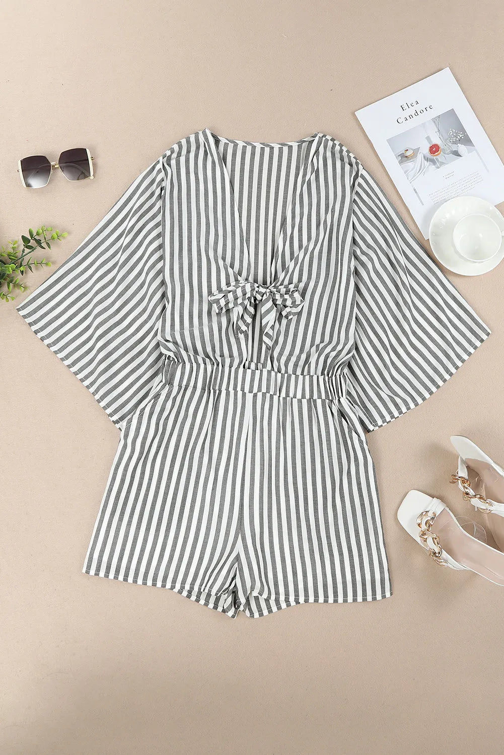 Tied Striped Three-Quarter Sleeve Romper - Wellen Fashion