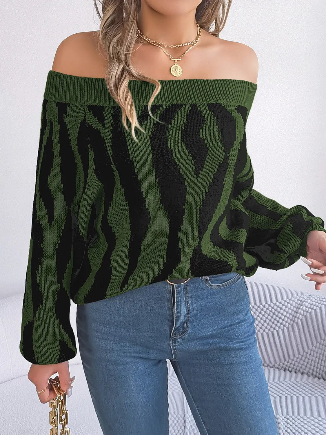 Off-Shoulder Animal Print Long Sleeve Sweater - Wellen Fashion