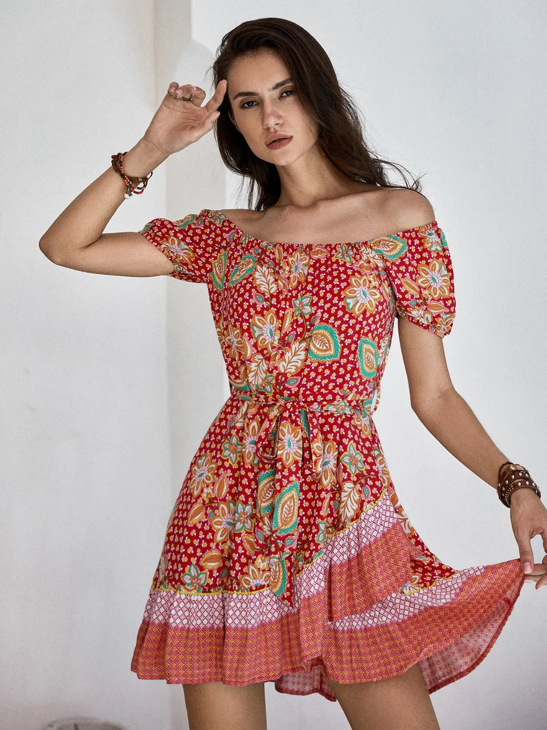 Printed Short Sleeve Tie Waist Mini Dress - Wellen Fashion