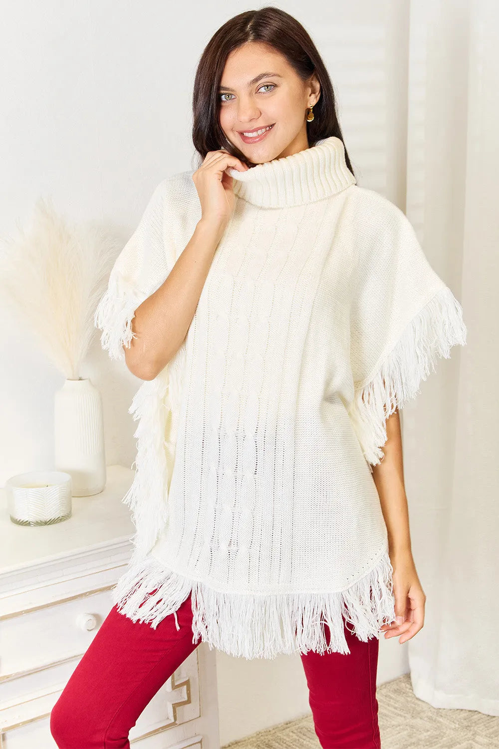 Justin Taylor Turtle Neck Fringe Poncho - Wellen Fashion