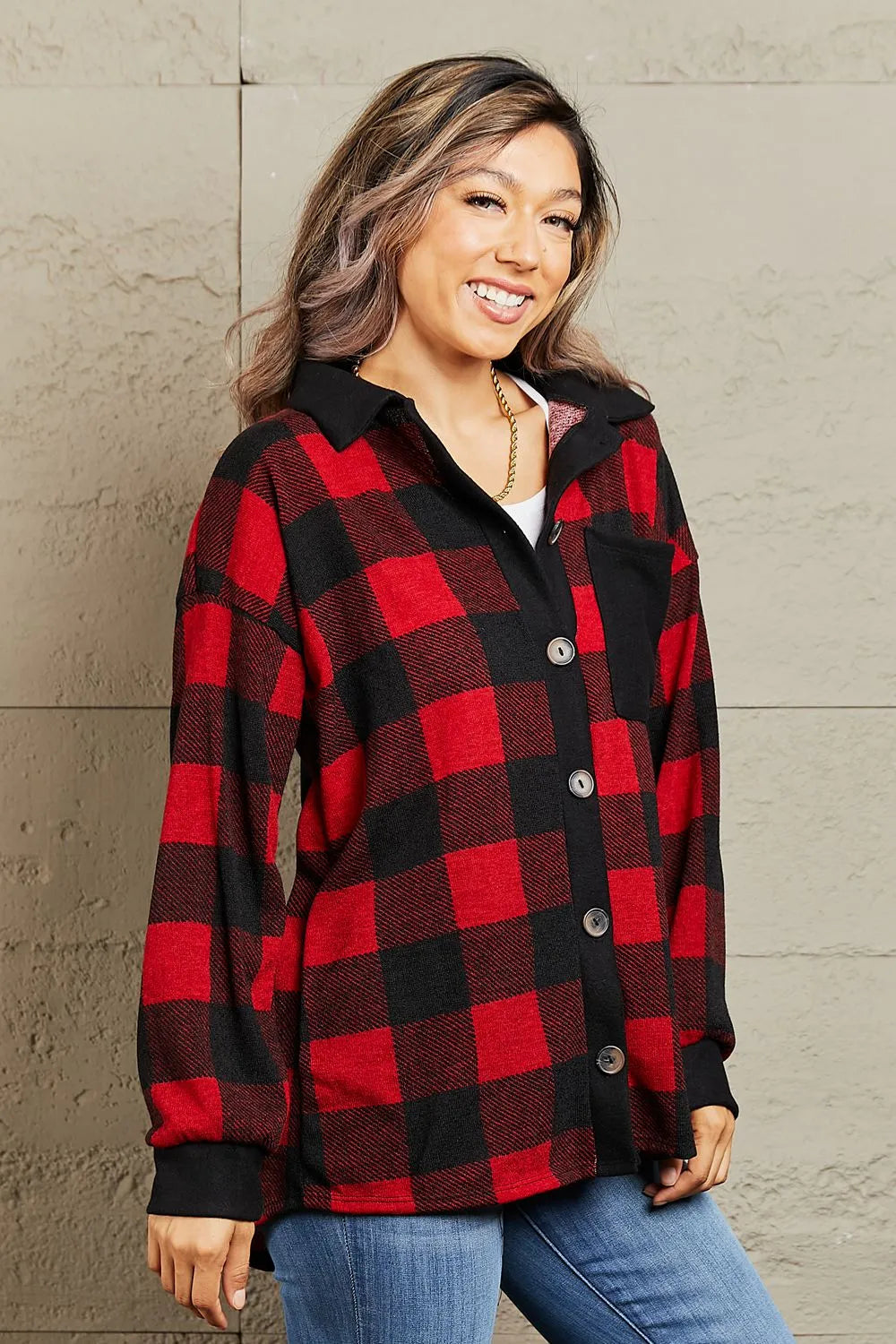 Heimish Make It Last Full Size Contrast Plaid Shacket - Wellen Fashion