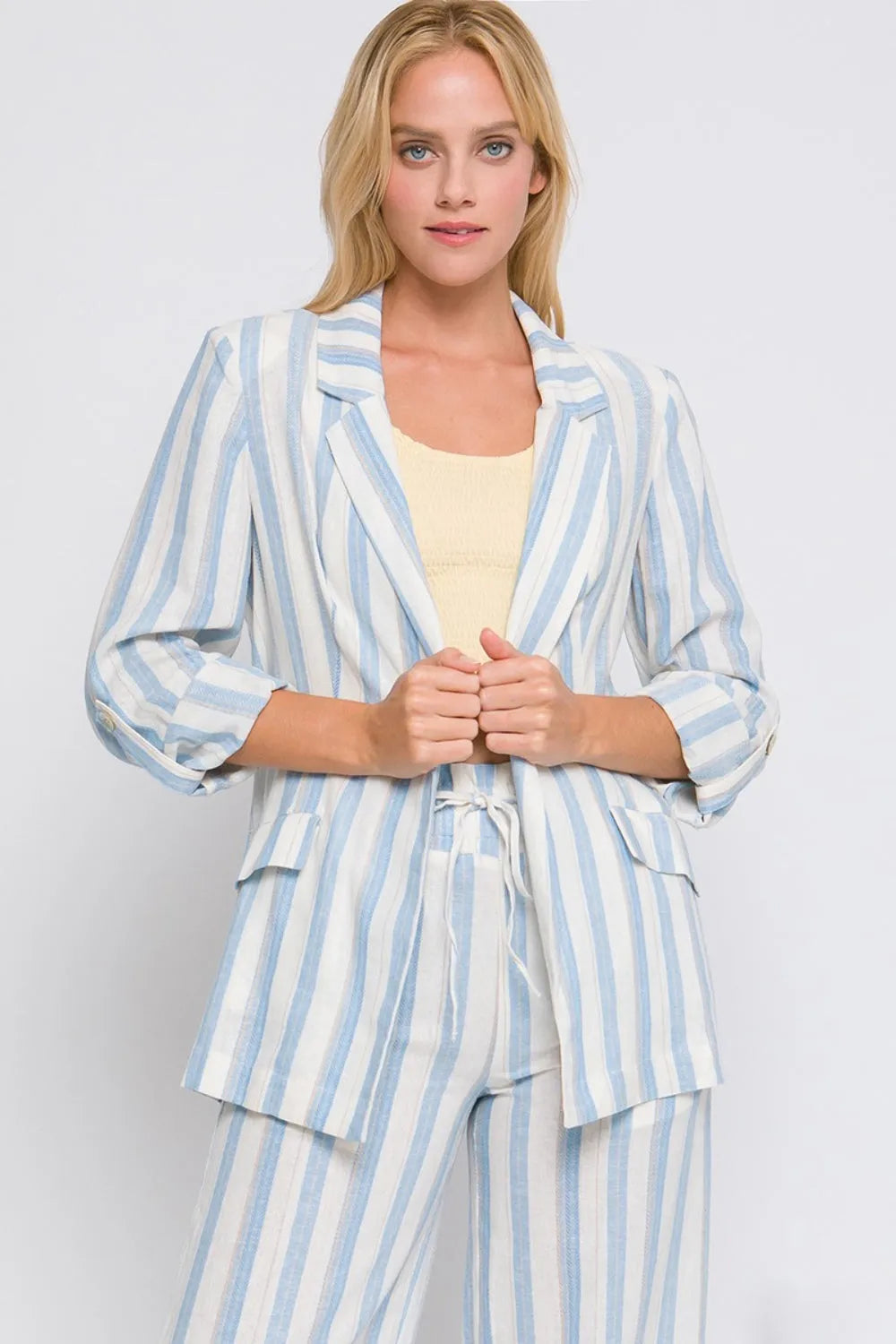 Love Tree Linen Woven Striped Blazer - Wellen Fashion