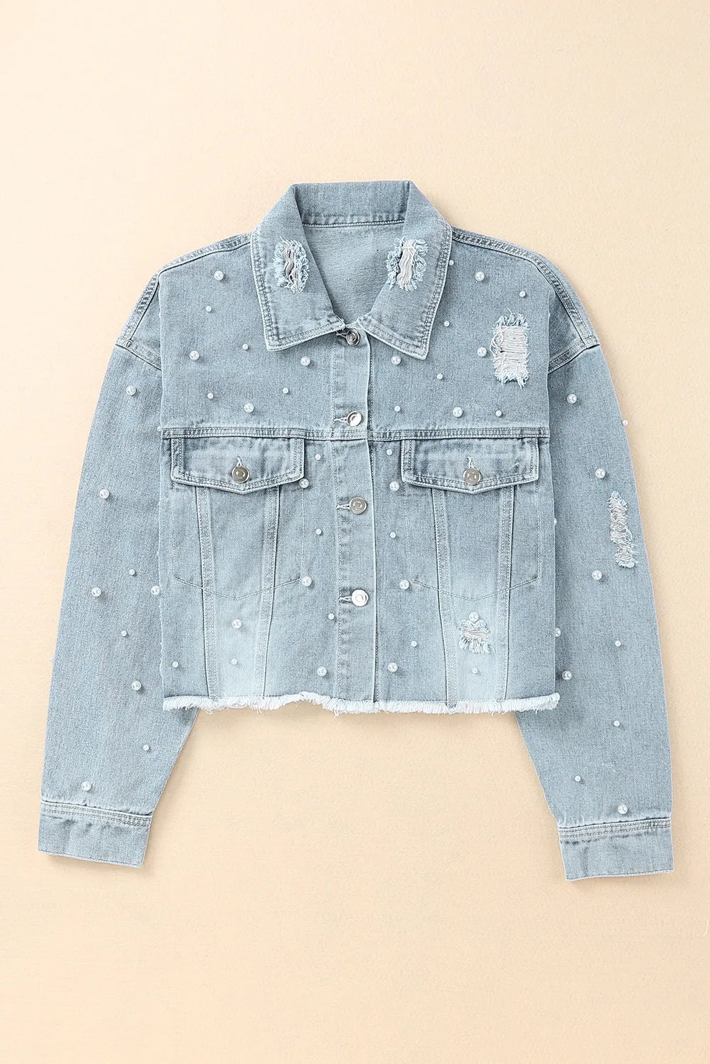 Distressed Pearl Trim Button Up Denim Jacket - Wellen Fashion