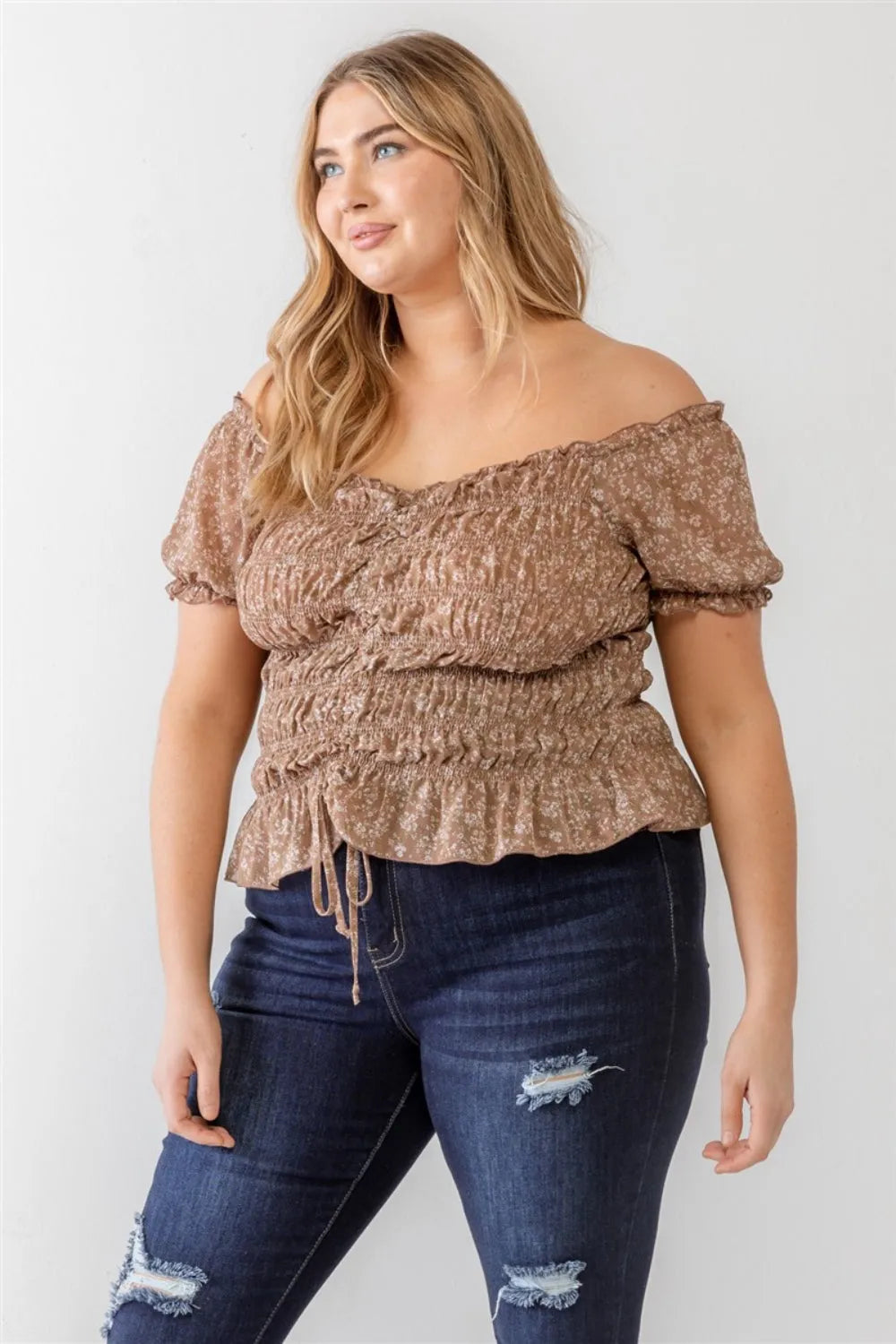 Zenobia Plus Size Frill Ruched Off-Shoulder Short Sleeve Blouse - Wellen Fashion