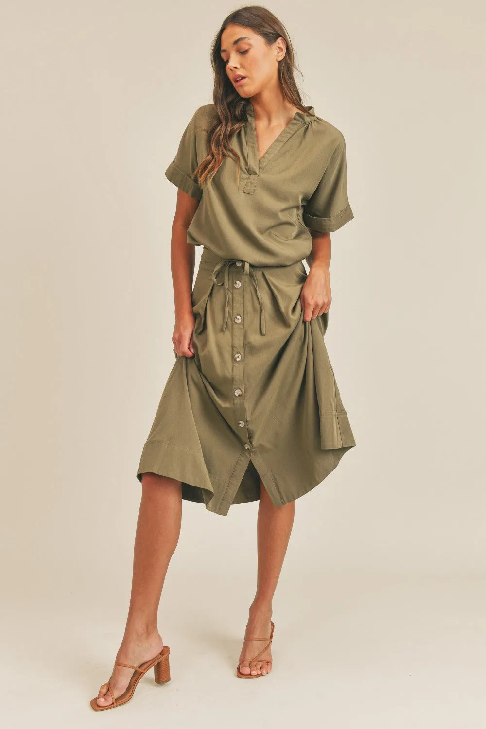 MABLE Short Sleeve Top and Button Down Midi Skirt Set - Wellen Fashion