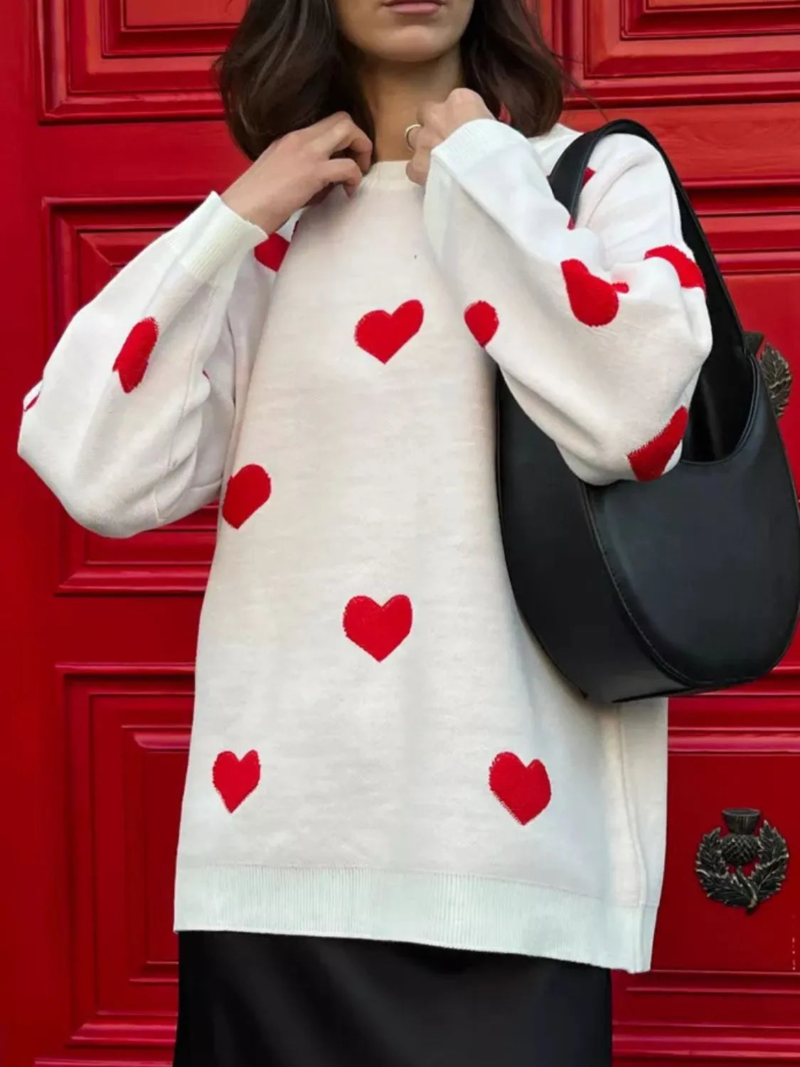 Heart Round Neck Dropped Shoulder Sweater - Wellen Fashion