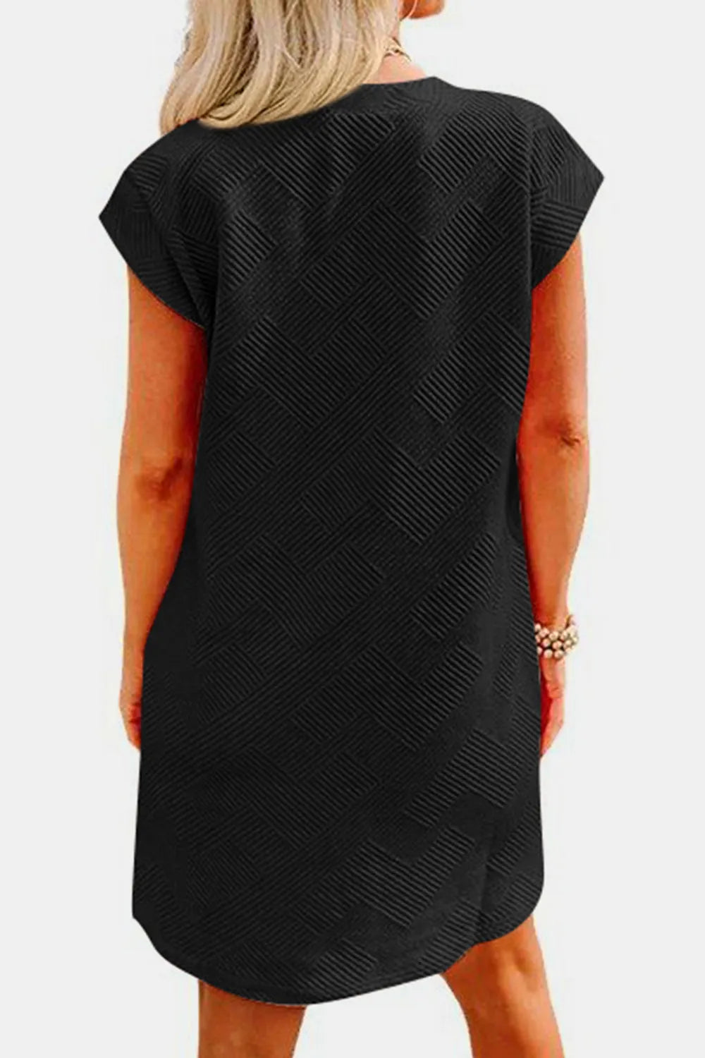 Textured Round Neck Cap Sleeve Dress - Wellen Fashion