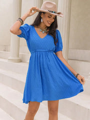 Tied Swiss Dot V-Neck Short Sleeve Dress - Wellen Fashion