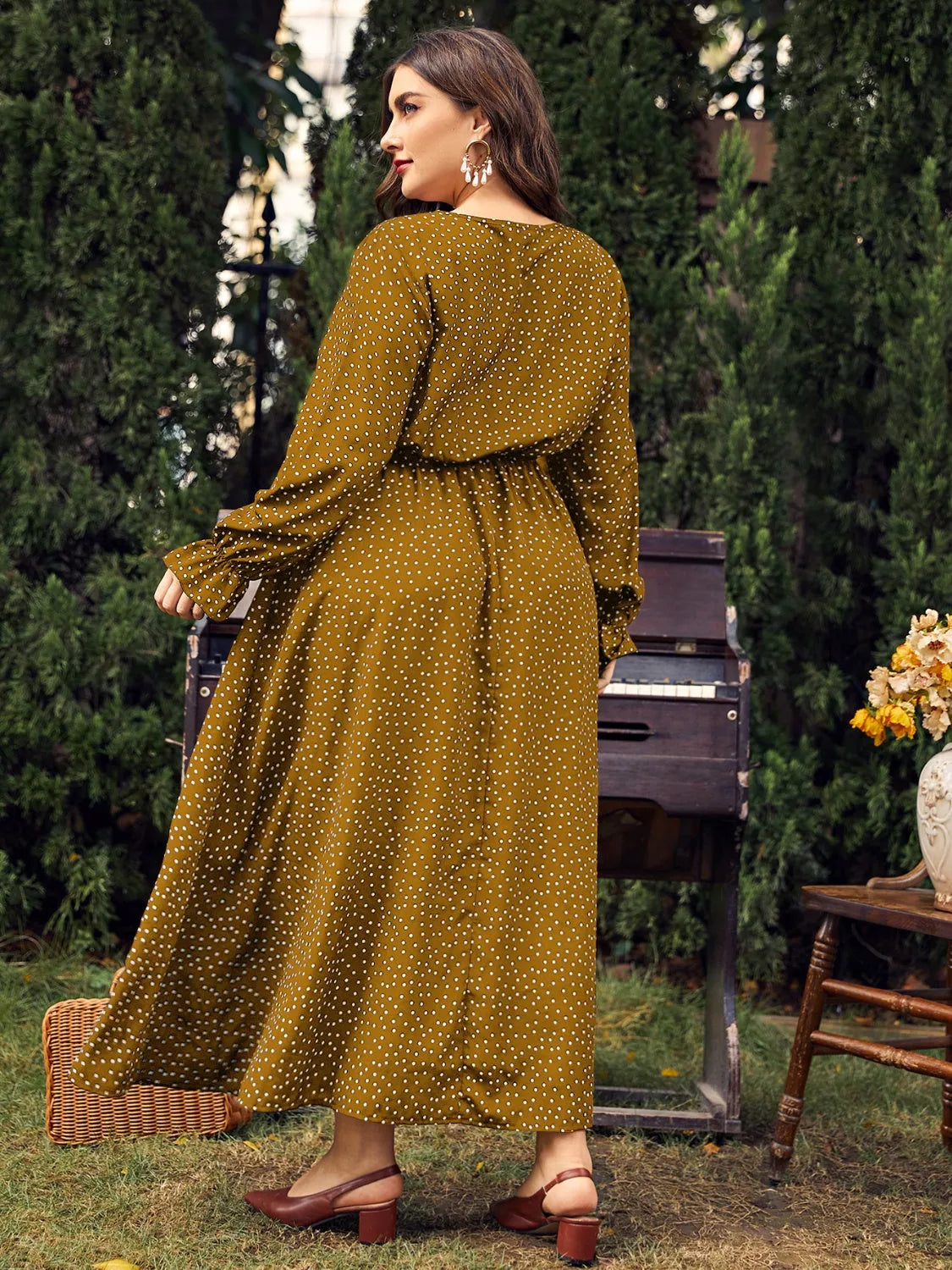 Honey Plus Size Ruffled Polka Dot Long Sleeve Midi Dress - Wellen Fashion