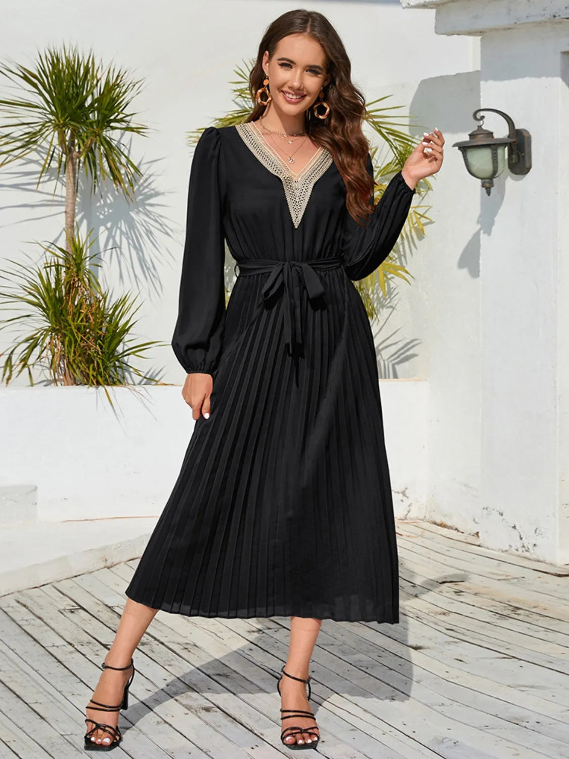 V-Neck Long Sleeve Pleated Dress - Wellen Fashion