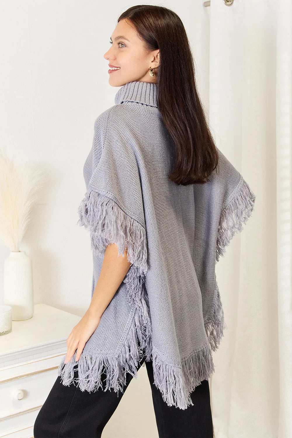 Justin Taylor Turtle Neck Fringe Poncho - Wellen Fashion