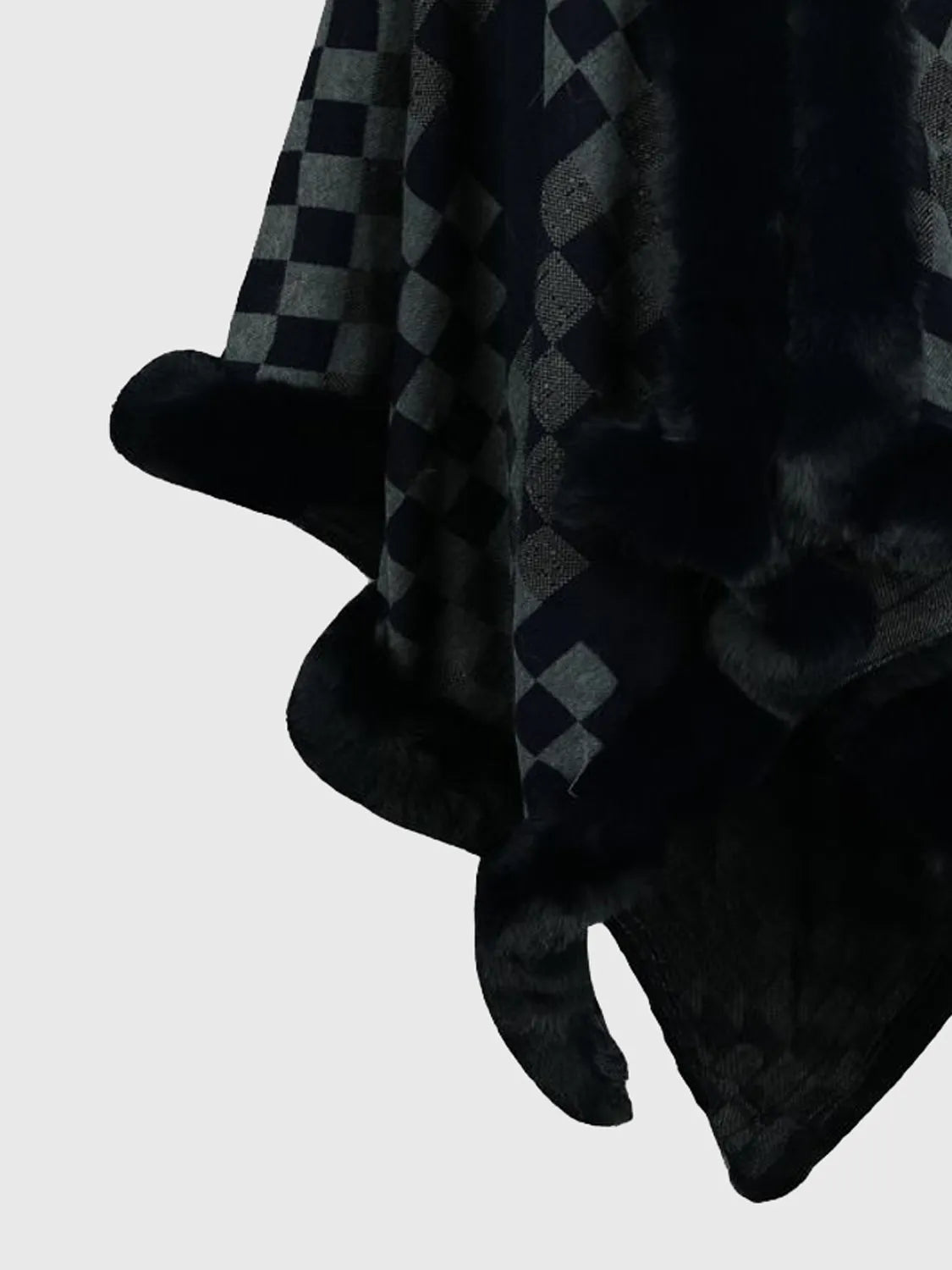 Checkered Faux Fur Trim Poncho - Wellen Fashion