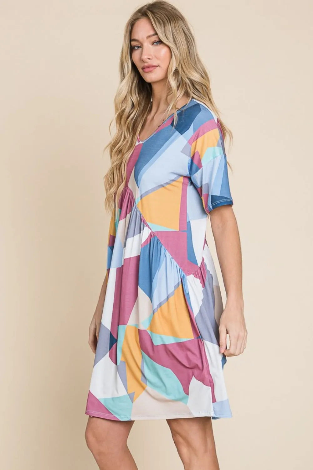 BOMBOM Ruched Color Block Short Sleeve Dress - Wellen Fashion