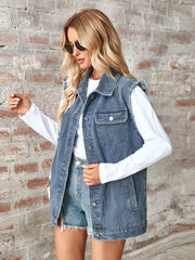 Raw Hem Sleeveless Button Up Denim Jacket - Wellen Fashion