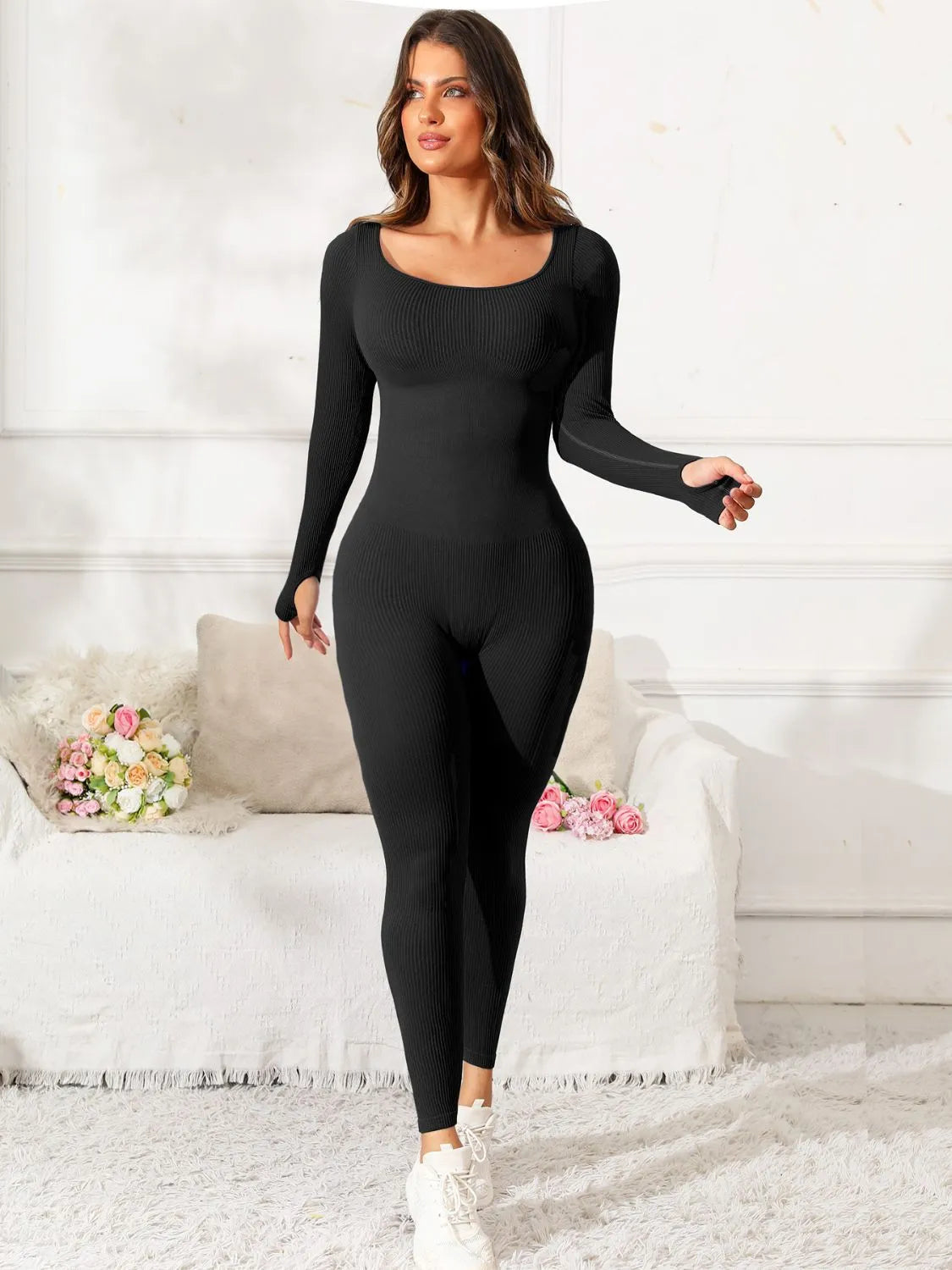 Scoop Neck Long Sleeve Active Jumpsuit - Wellen Fashion