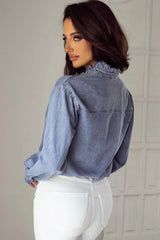 Frill Button Up Long Sleeve Denim Top - Wellen Fashion