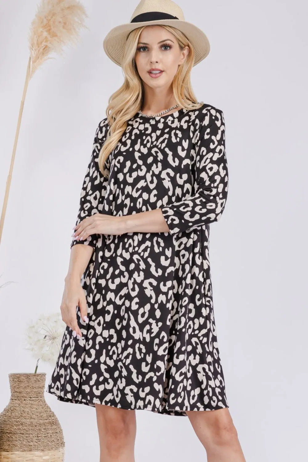 Celeste Full Size Leopard Three-Quarter Sleeve Dress with Pockets - Wellen Fashion