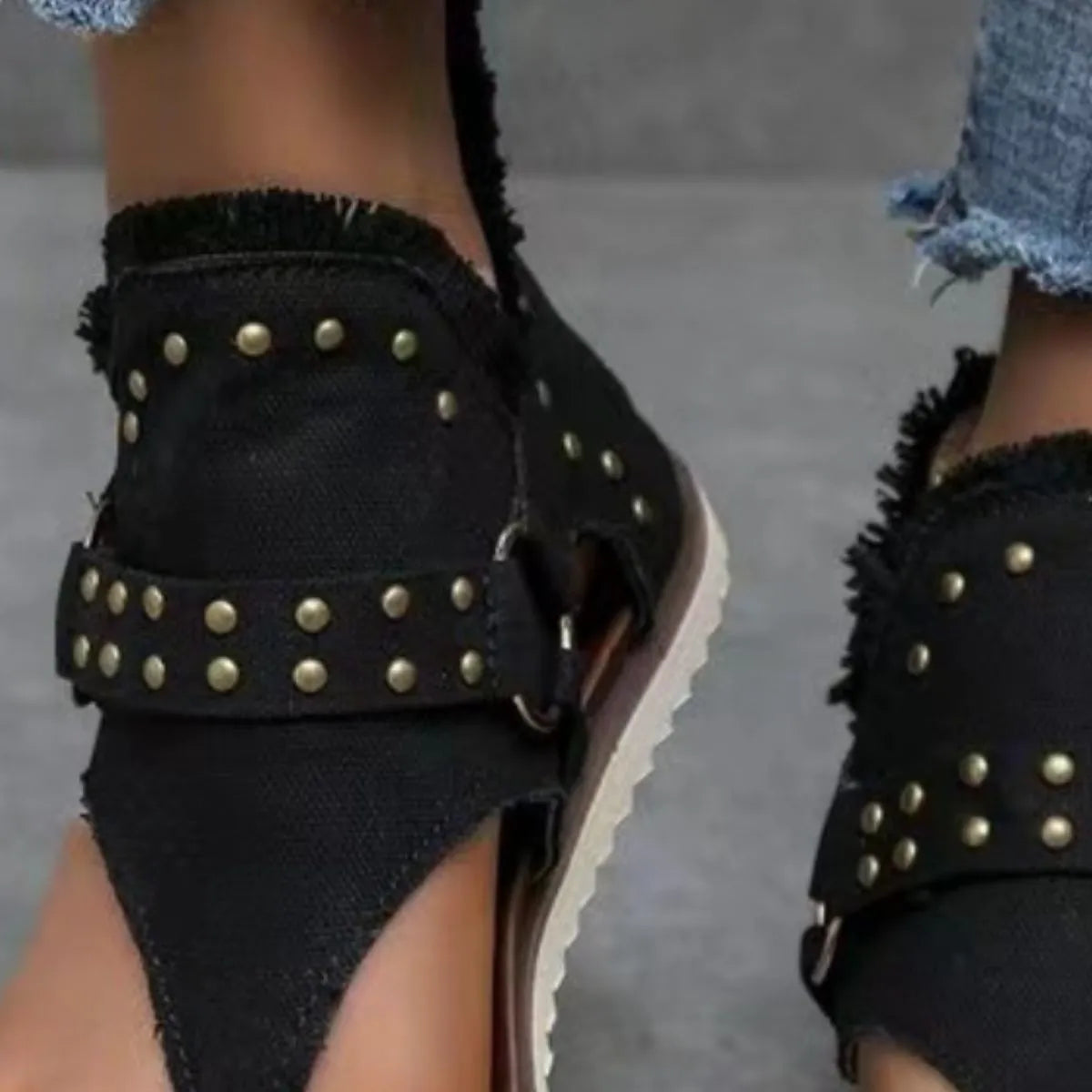 Studded Raw Hem Flat Sandals - Wellen Fashion