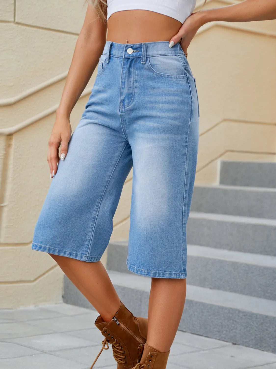 High Waist Denim Shorts with Pockets - Wellen Fashion