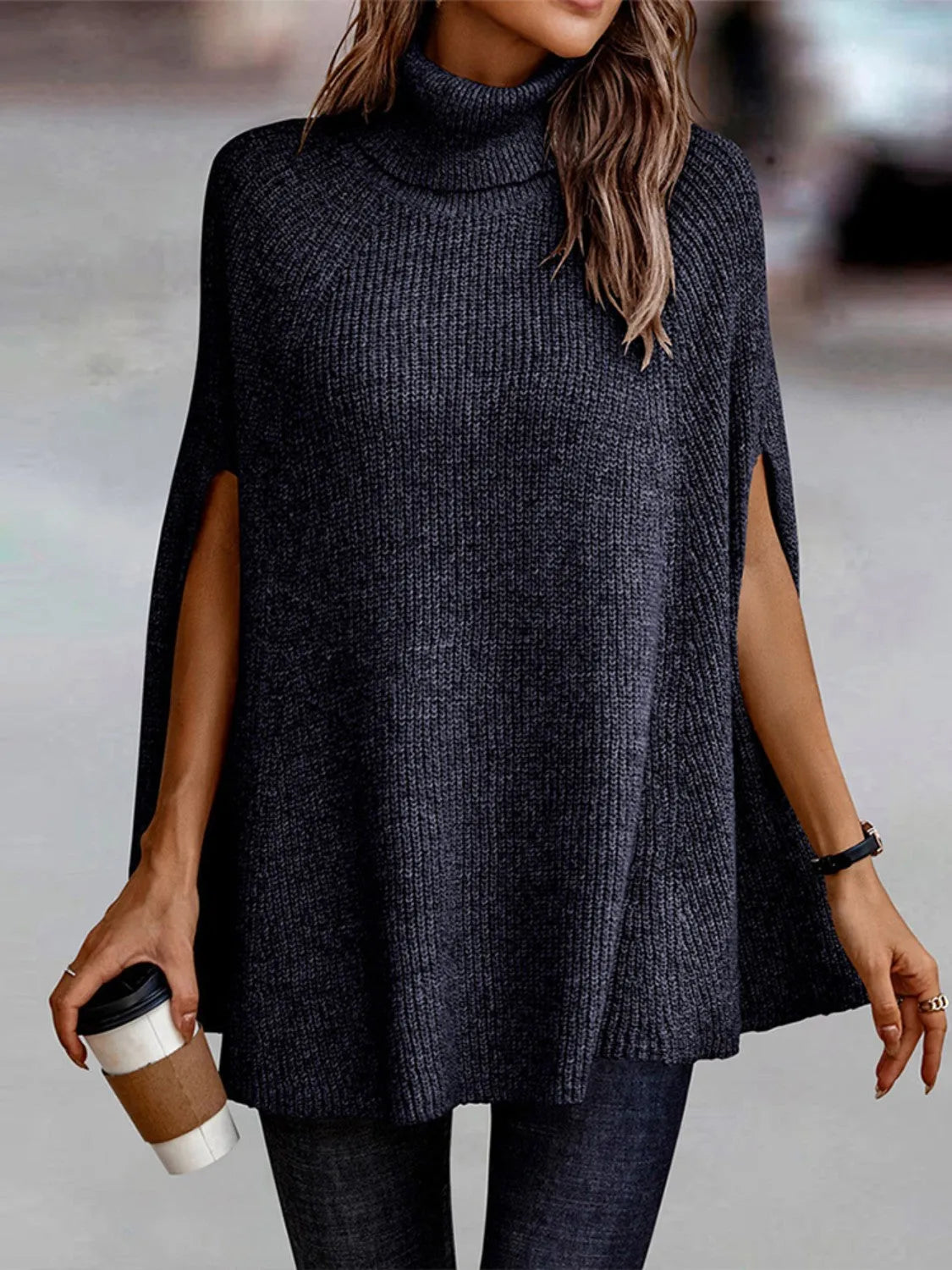 Turtleneck Dolman Sleeve Poncho - Wellen Fashion