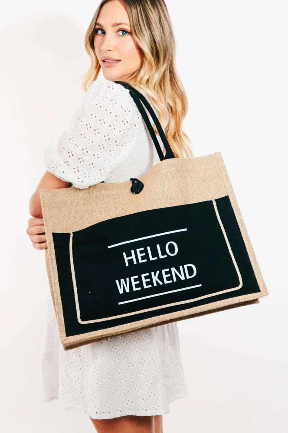 Fame Hello Weekend Burlap Tote Bag - Wellen Fashion