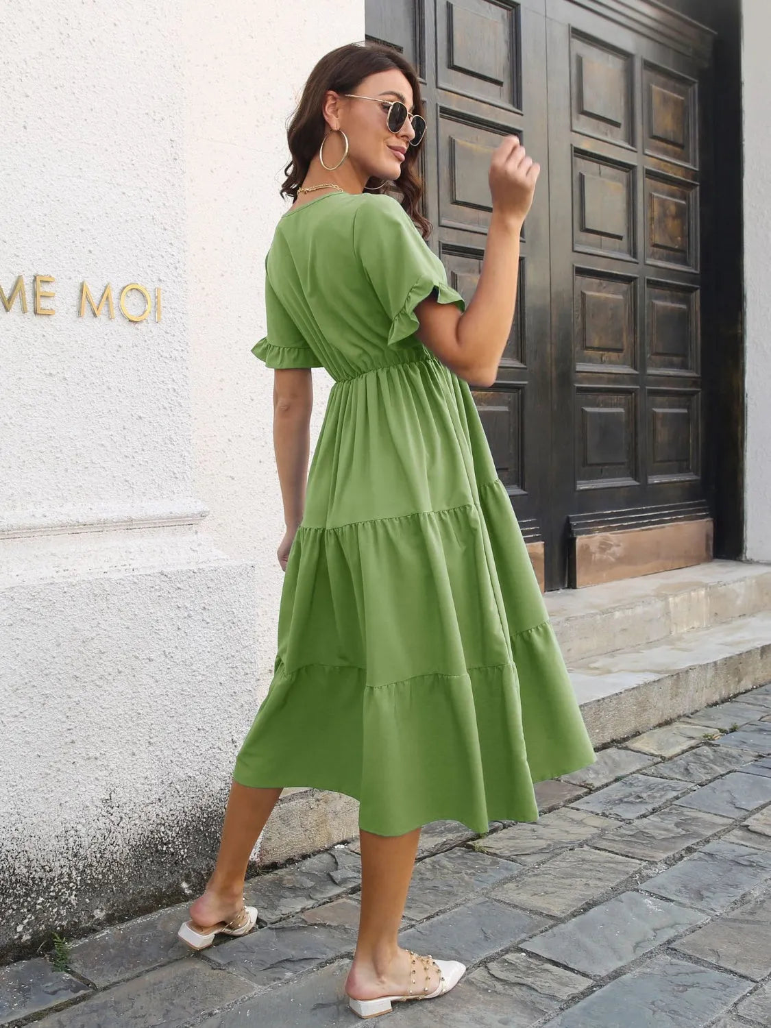 V-Neck Short Sleeve Midi Dress - Wellen Fashion