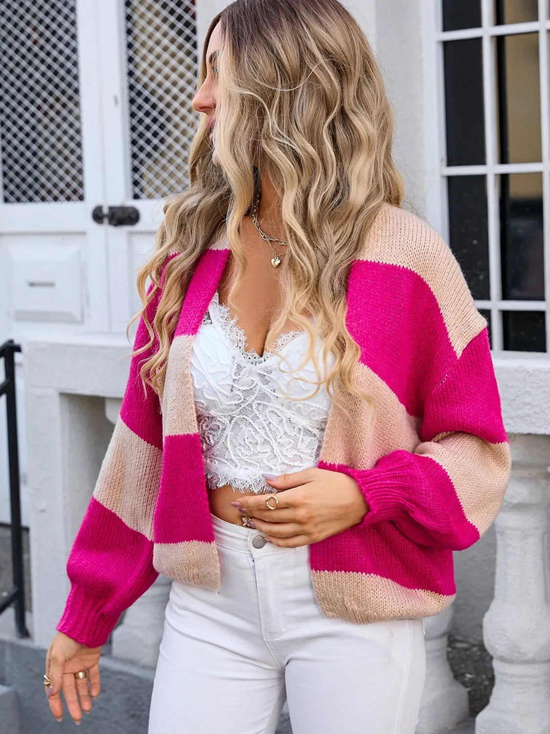 Striped Open Front Dropped Shoulder Cardigan - Wellen Fashion