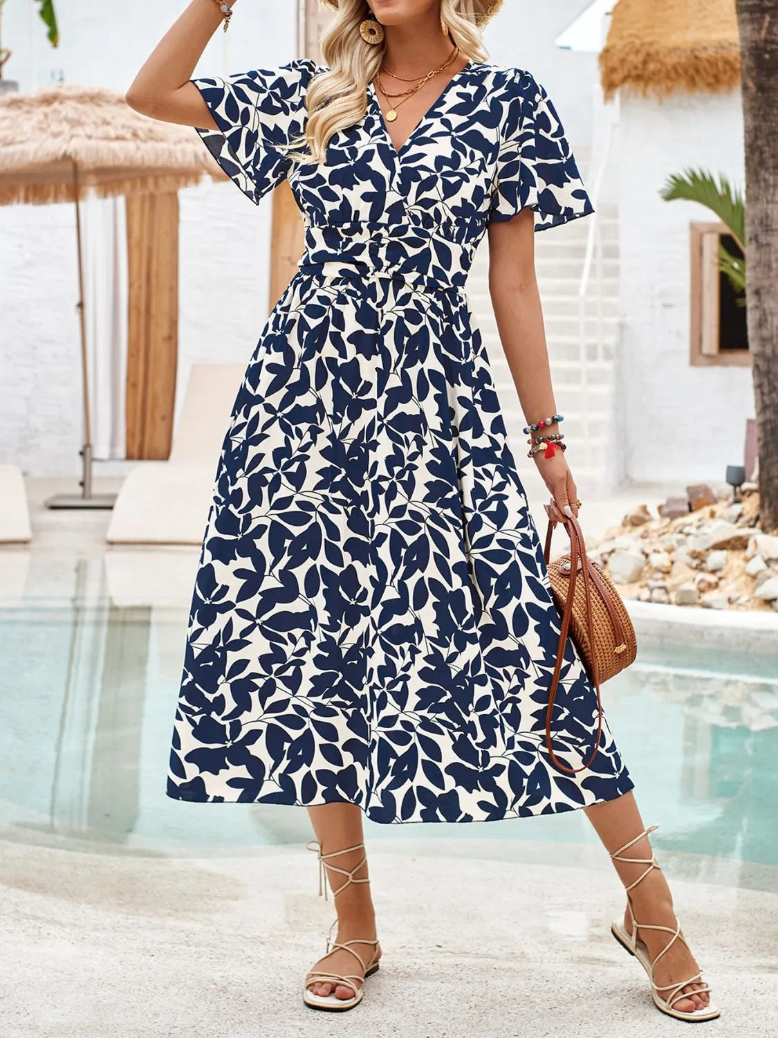 Printed Surplice Short Sleeve Midi Dress - Wellen Fashion