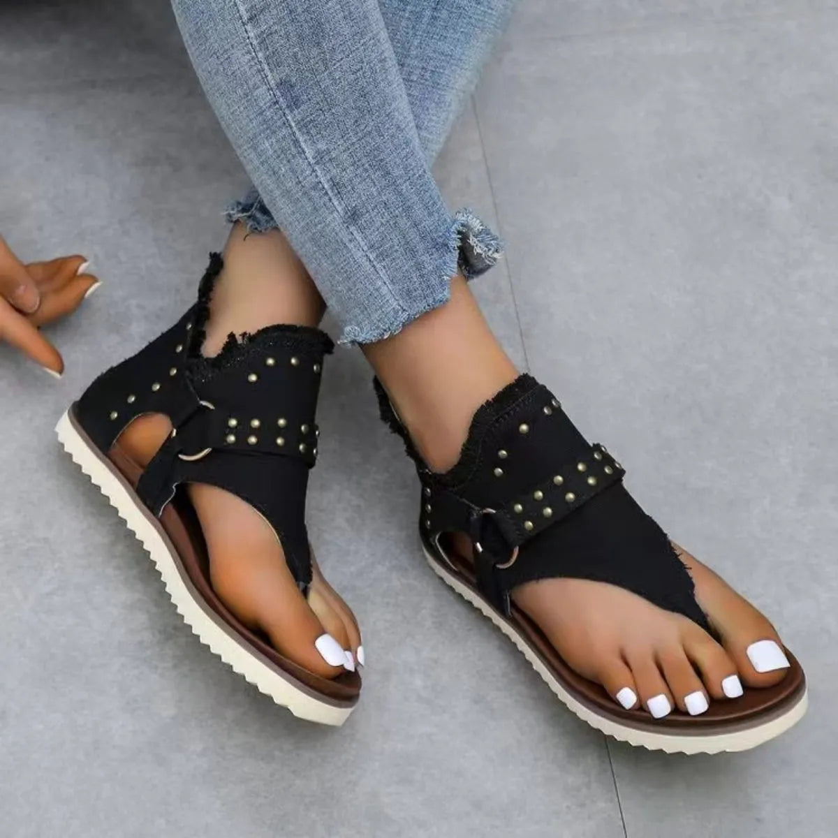 Studded Raw Hem Flat Sandals - Wellen Fashion