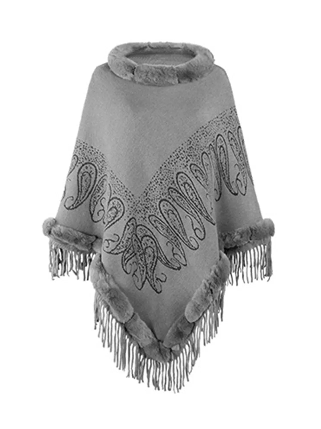 Graphic Fringe Cape Sleeve Poncho - Wellen Fashion