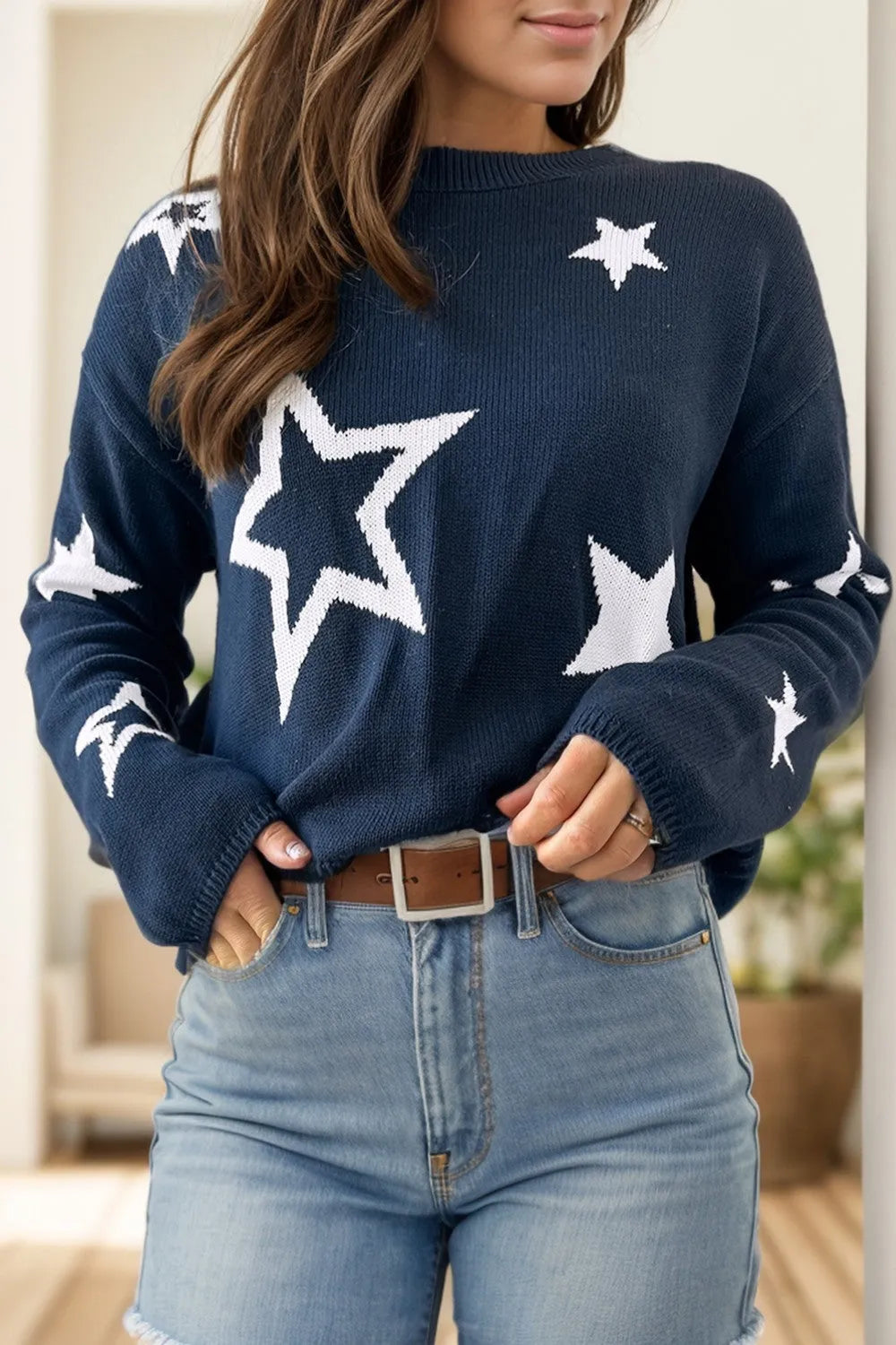 Star Round Neck Long Sleeve Sweater - Wellen Fashion