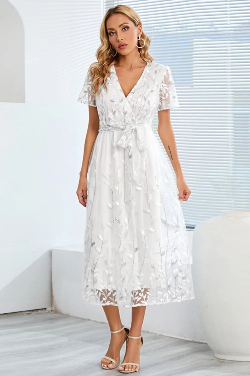 Sequin Leaf Embroidery Tie Front Short Sleeve Dress - Wellen Fashion