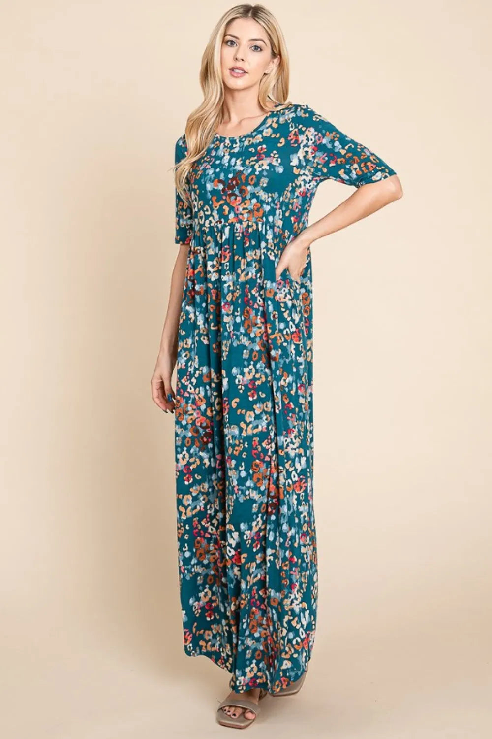 BOMBOM Printed Shirred Maxi Dress - Wellen Fashion