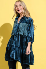 And The Why Fringe Detailed Velvet Shirt Dress - Wellen Fashion